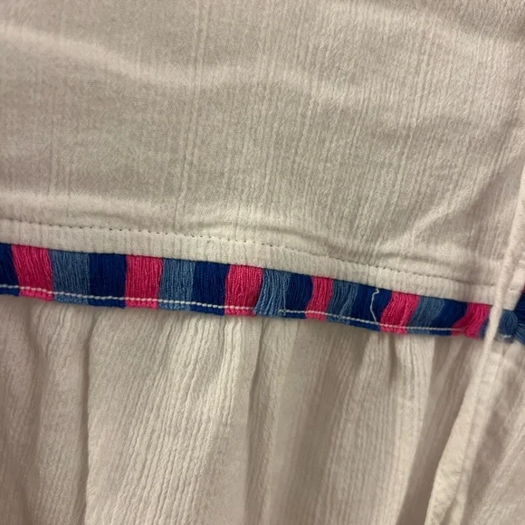 J. Crew White Tunic Gauze Beach Cover Up with Pink and Blue Fringe Trim - Picture 3 of 11
